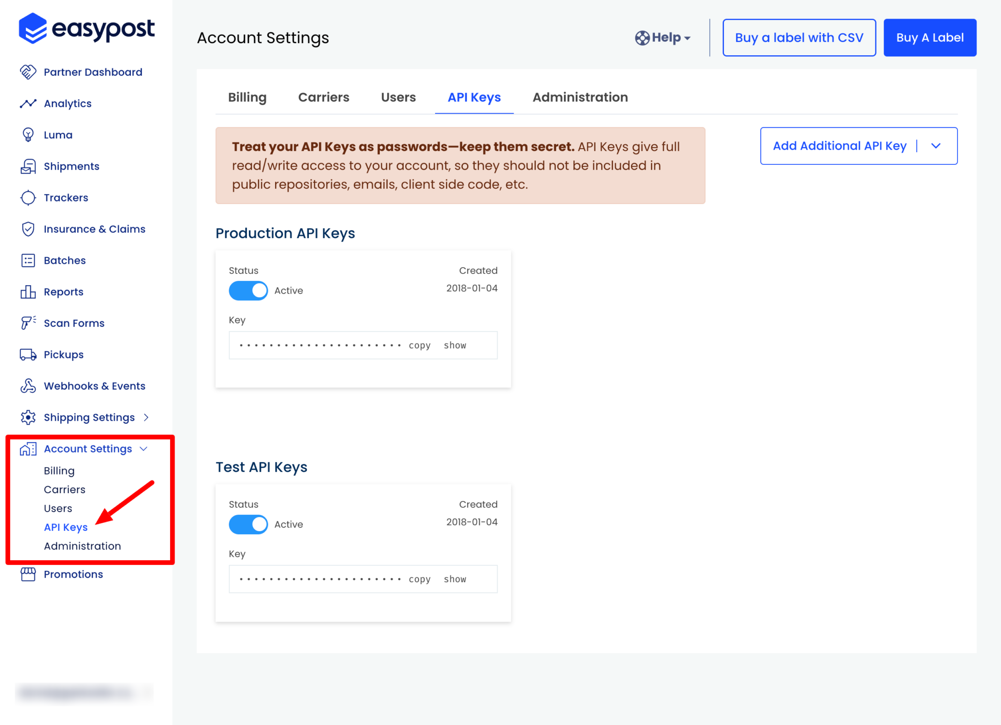 Where to find EasyPost API Keys - GeekSeller Support