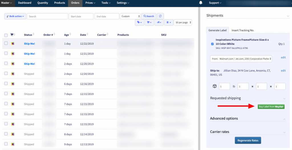Generate labels for Wayfair orders
