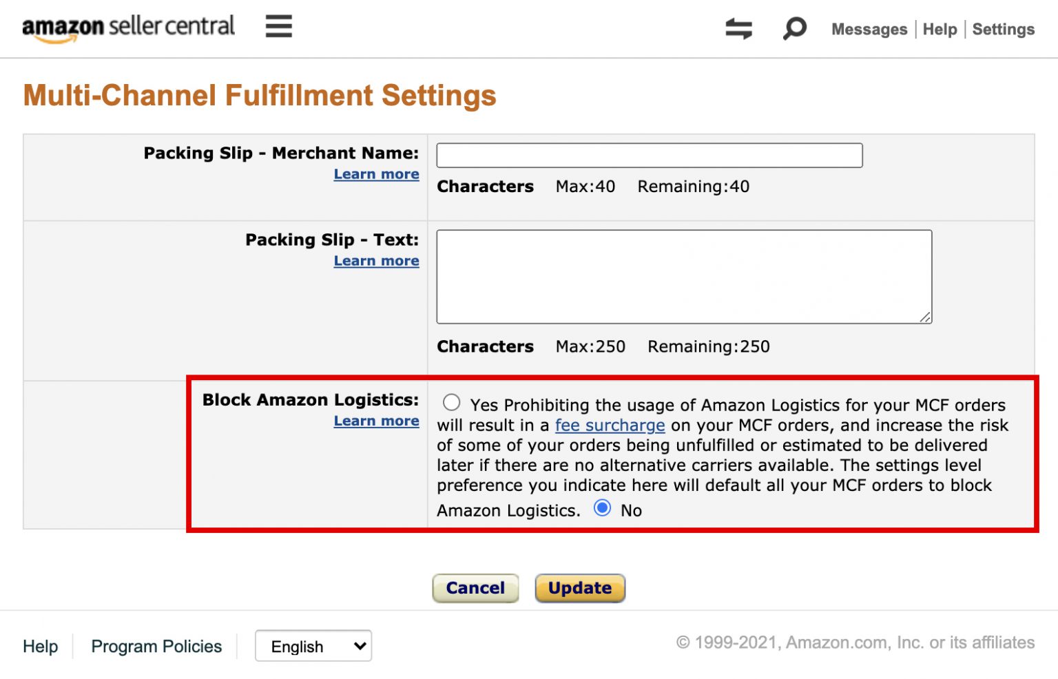 How to block Amazon Logistics for US MCF orders